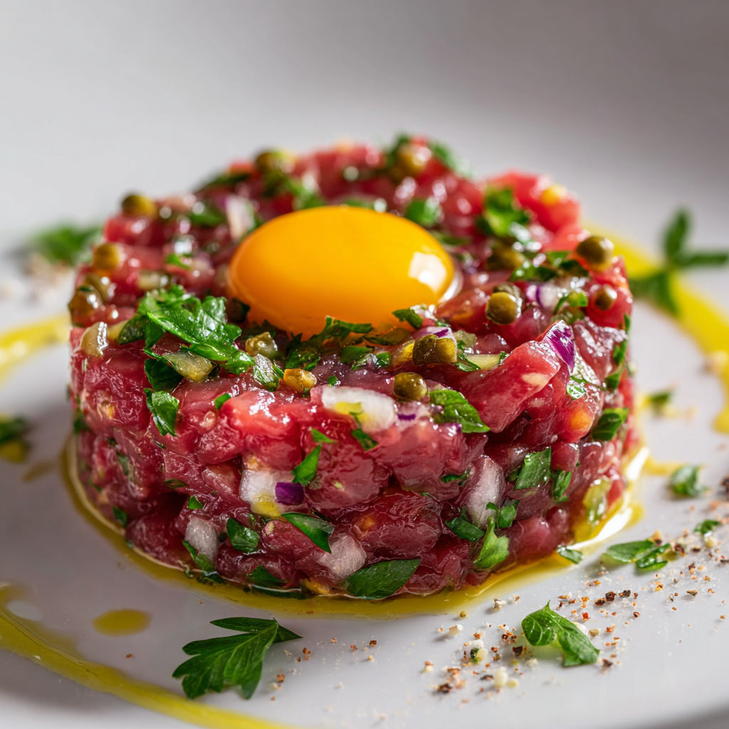 Tartare de bœuf façon années 80 sur une assiette avec herbes fraîches et poire.