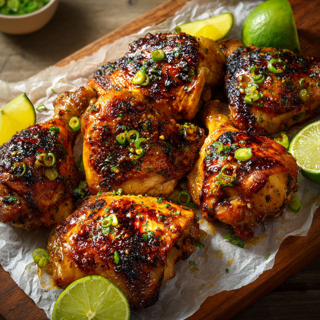 Poulet fumé avec citron et bois sur planche.