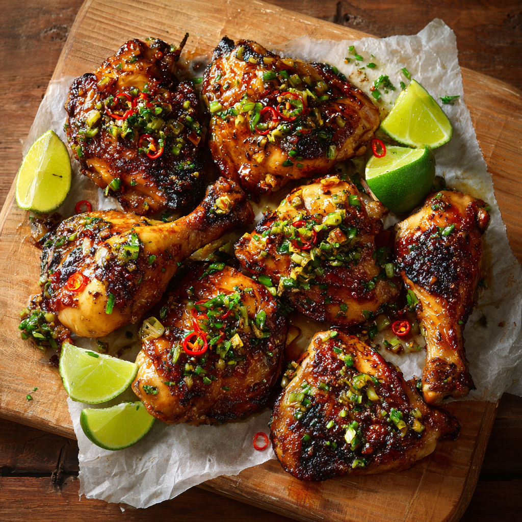 Des morceaux de poulet grillés parsemés d’herbes et d’épices sur une planche en bois.