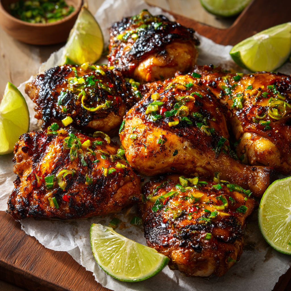 Du poulet grillé accompagné de légumes verts et de citrons verts.