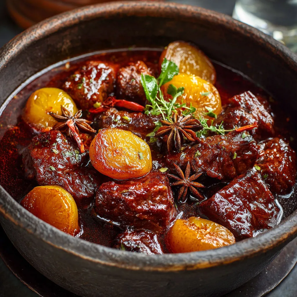 Veau aux coings et kumquats présenté dans un bol rustique, un plat riche en saveurs.