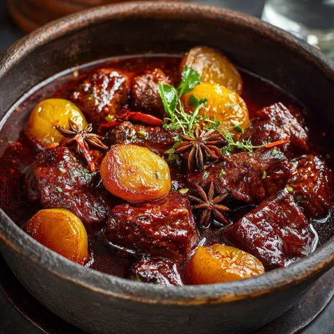 Veau aux coings et kumquats présenté dans un bol rustique, un plat riche en saveurs.