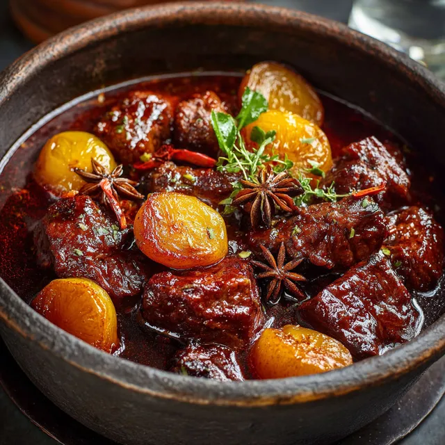 Veau aux coings et kumquats présenté dans un bol rustique, un plat riche en saveurs.