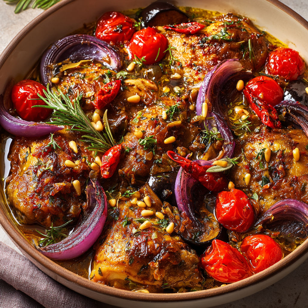 Poulet Salina avec aubergines, tomates et herbes, façon Jamie Oliver.