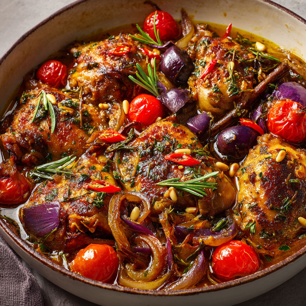 Une assiette de poulet Salina signé Jamie Oliver, légumes et épices, dans un grand bol en terre.
