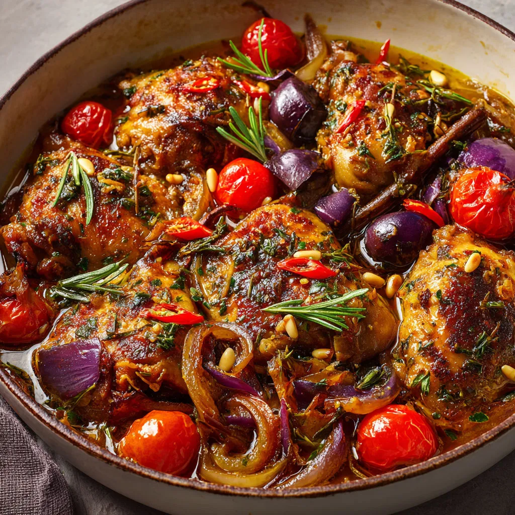 Une assiette de poulet Salina signé Jamie Oliver, légumes et épices, dans un grand bol en terre.