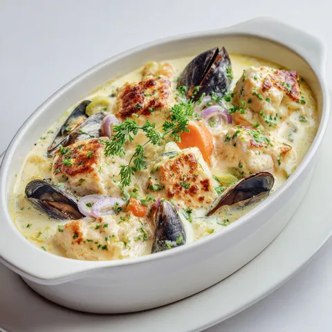 Plat savoureux de poissons crémeux avec moules et légumes.