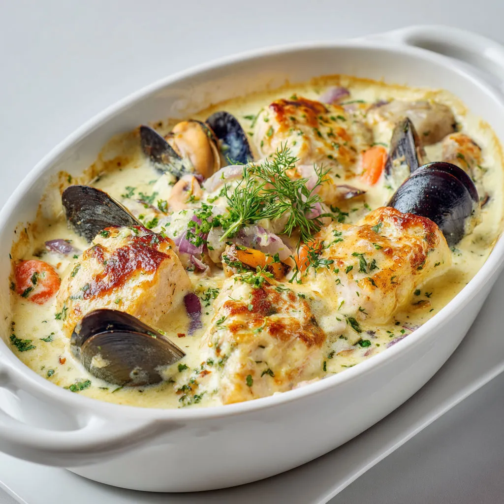 Plat de cabillaud et saumon aux moules avec sauce crèmeuse au safran.