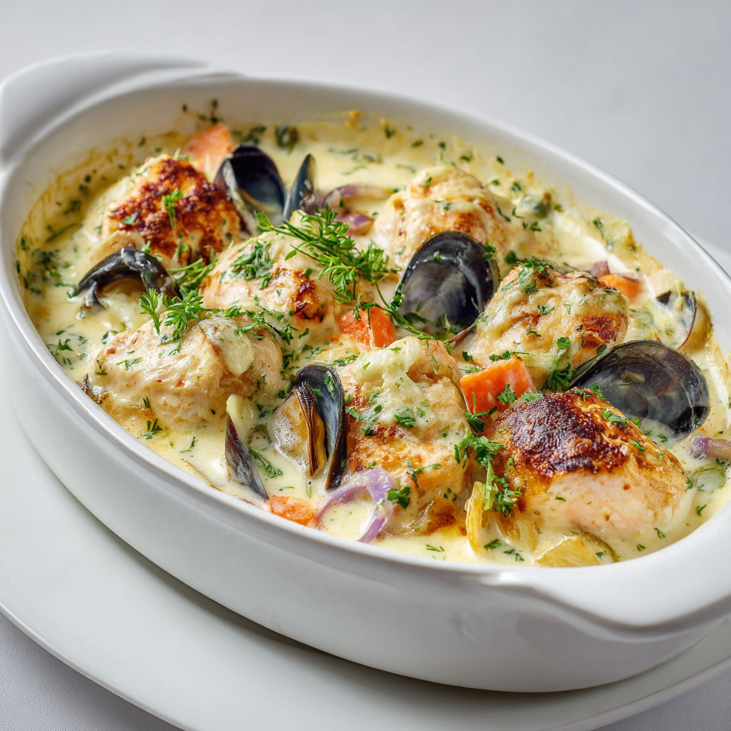 Blanquette de la mer avec poissons et moules dans une sauce douce au safran.