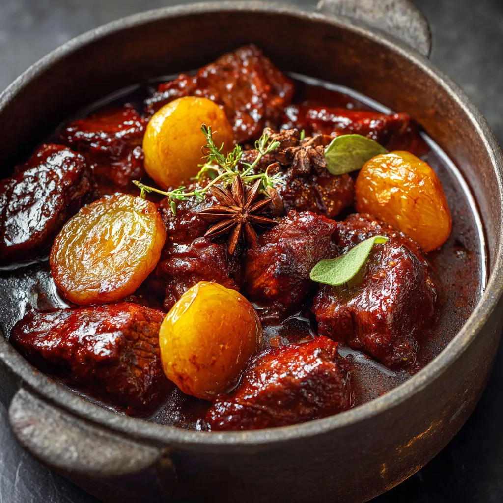 Veau ultra moelleux aux coings dorés et kumquats acidulés.