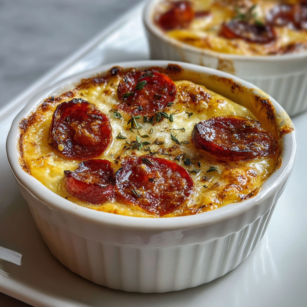 Une assiette de clafoutis d’endive et chorizo posée sur une table.