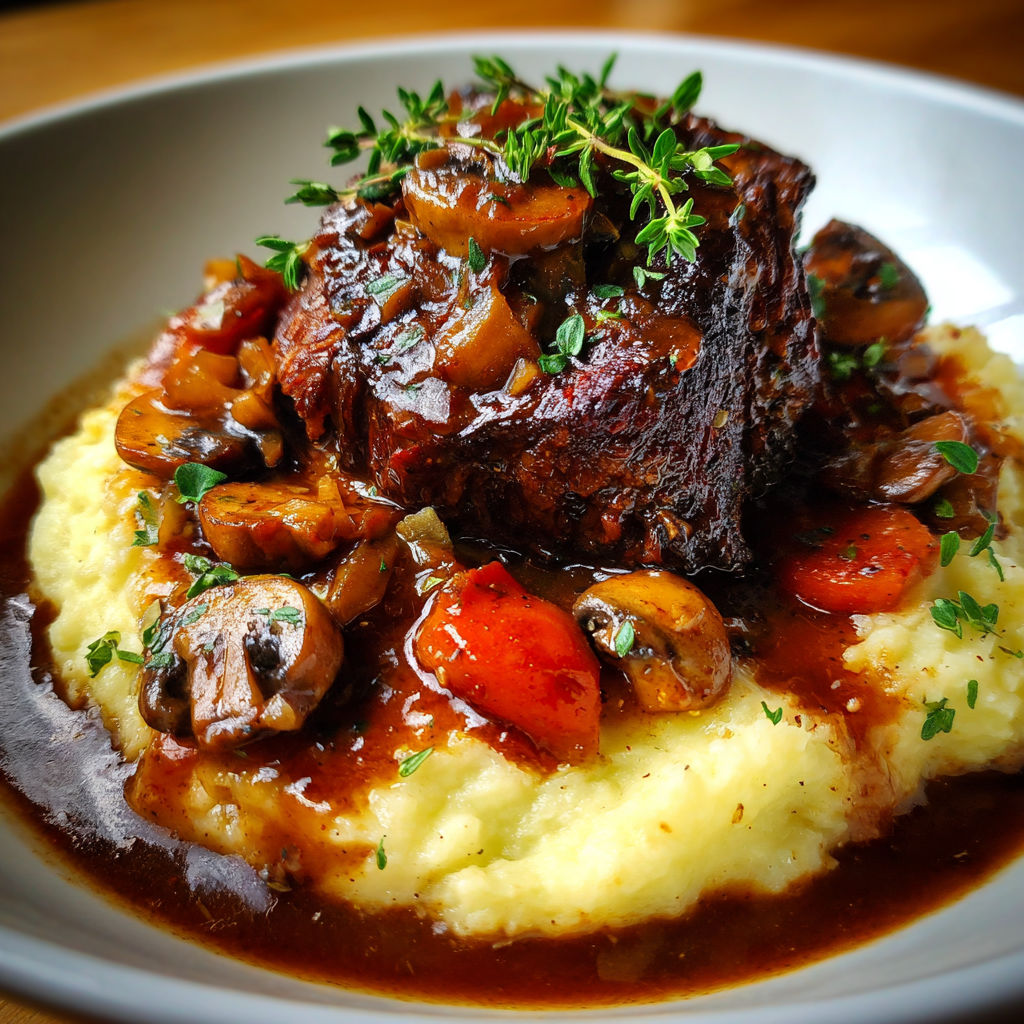 Bœuf confit avec champignons dorés et purée maison onctueuse, décoré d'herbes fraîches.