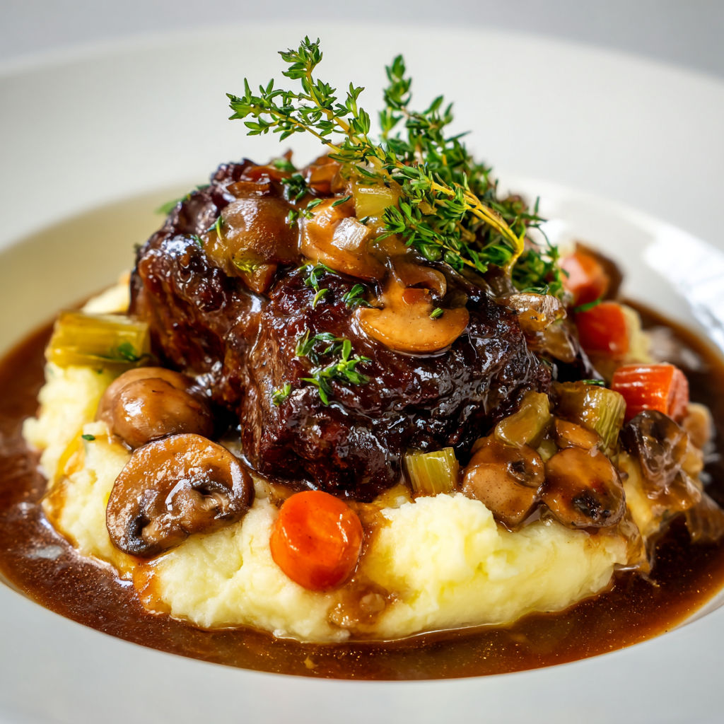 Joue de bœuf ultra tendre au vin rouge, sautés de champignons et purée onctueuse.