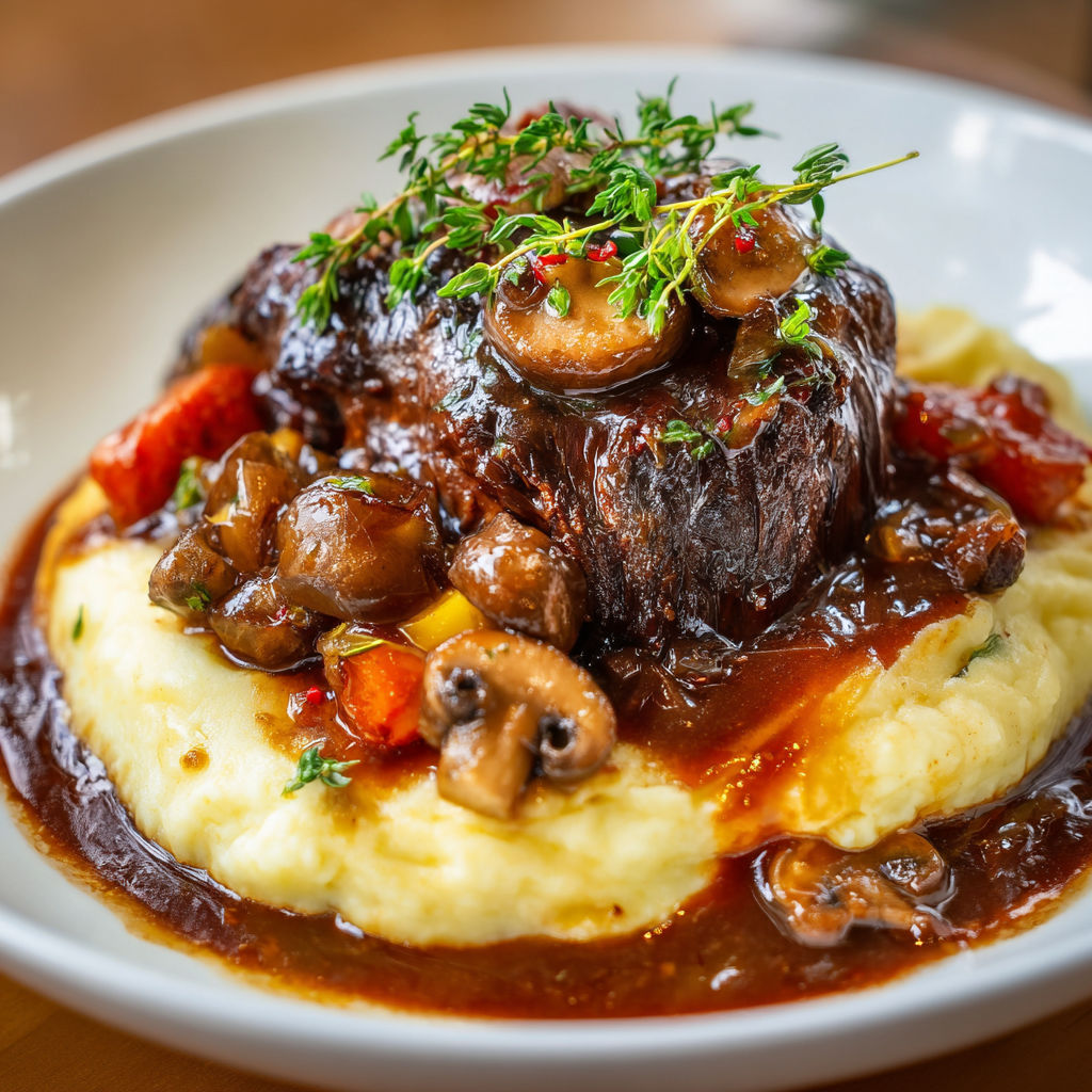 Bœuf mijoté fondant, sauce puissante et purée maison bien crémeuse.
