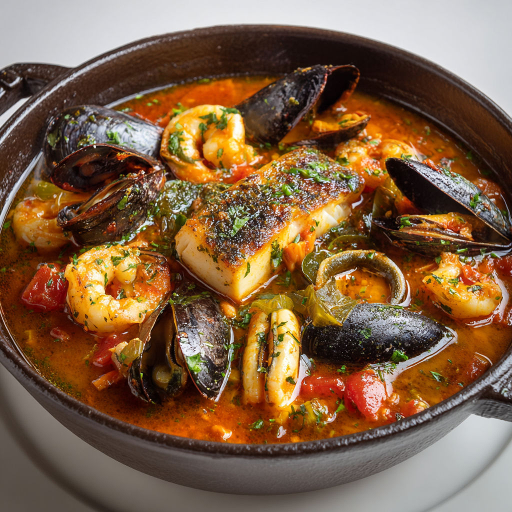 Un délicieux Délice de la Mer et Sauce Rouille servi dans un bol rustique parfait pour un repas chaleureux.