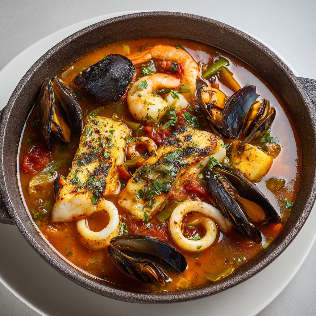 Cassolette marine aux accents du Sud, sauce rouille relevée et poissons tendres.