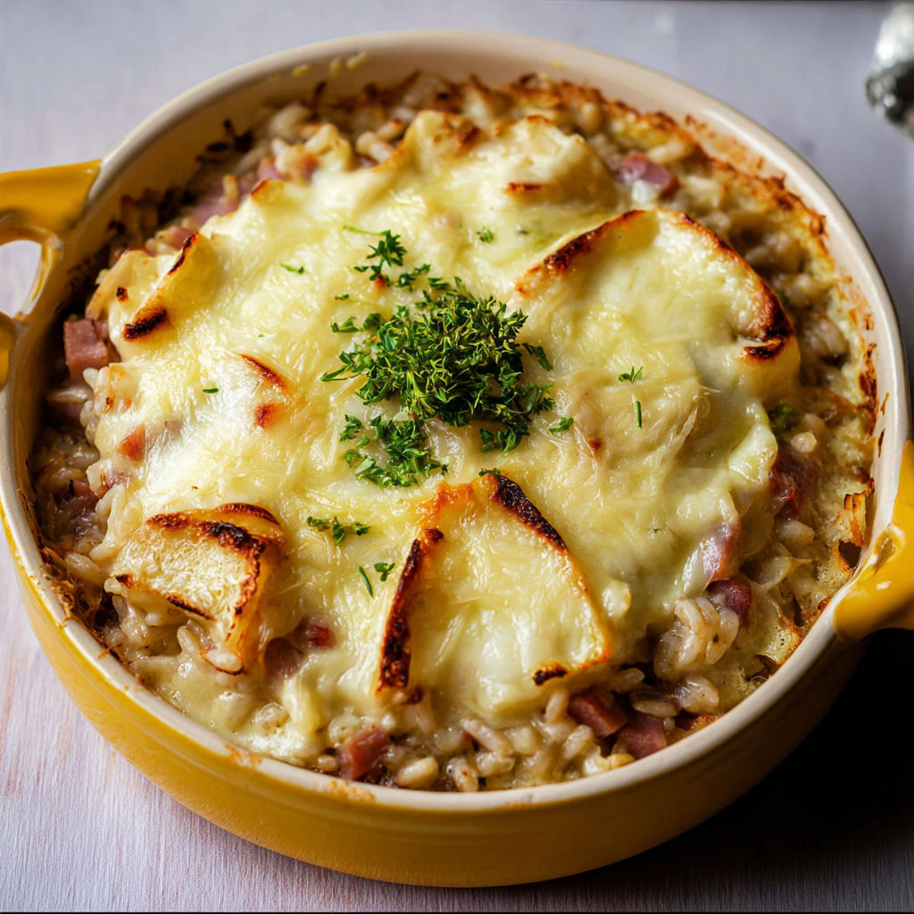 Un gratin de Crozets avec jambon cru servi dans un joli bol jaune.
