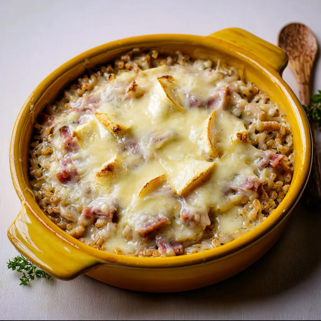 Gratin de crozets au sarrasin, bon jambon de Savoie et crème généreuse.