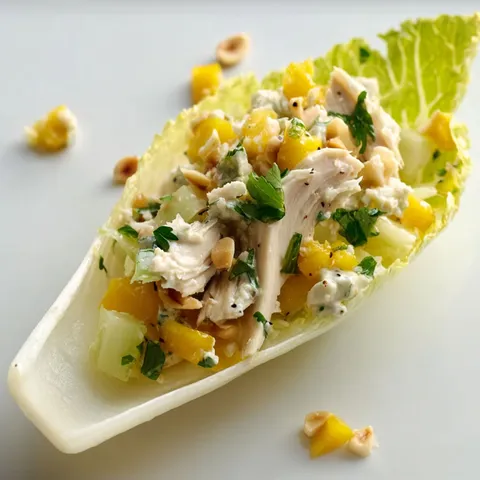 Petites feuilles d'endive garnies de poulet citronné, mangue tendre et noix croquantes.