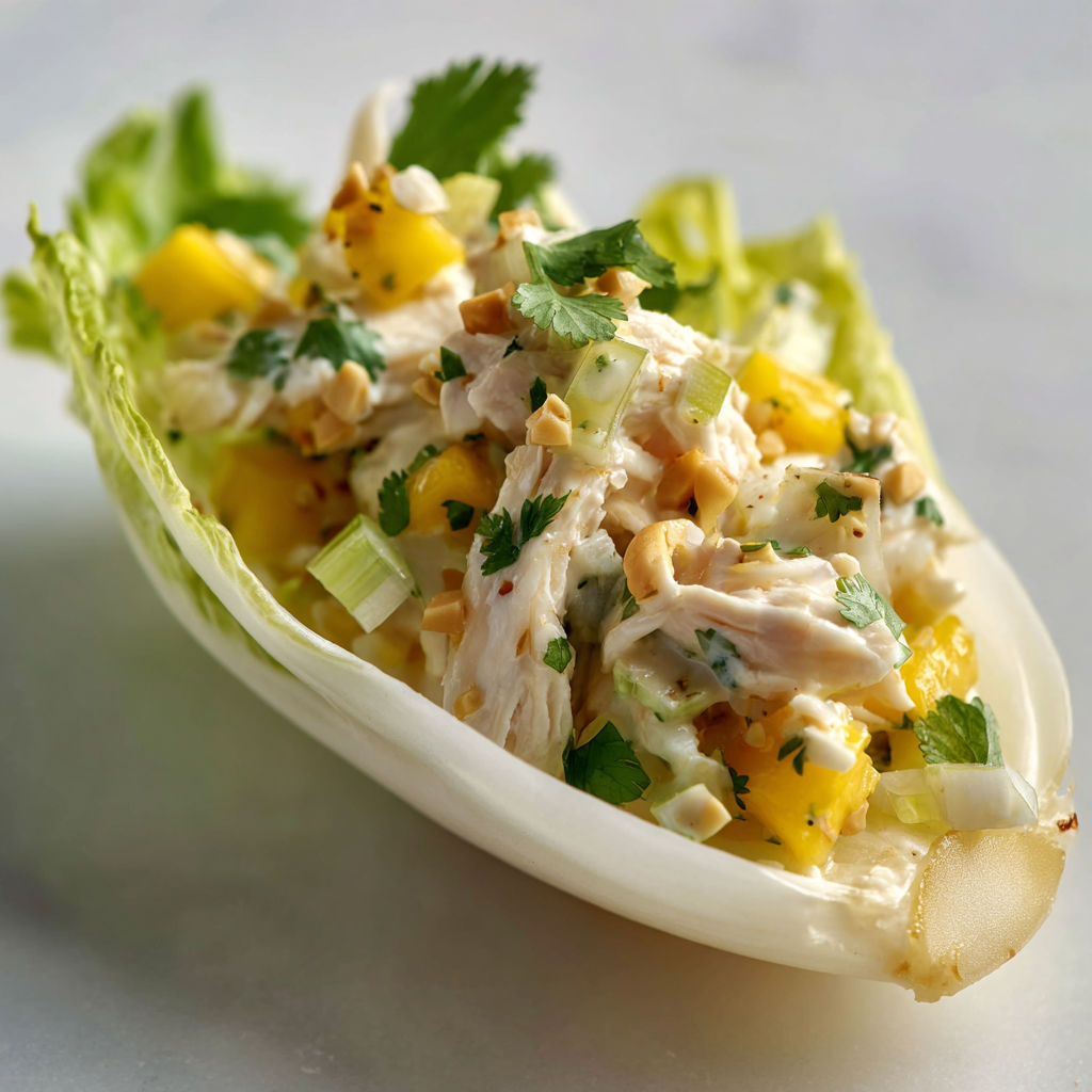Un joli plat d’endives aux saveurs poulet, mangue, et noix.
