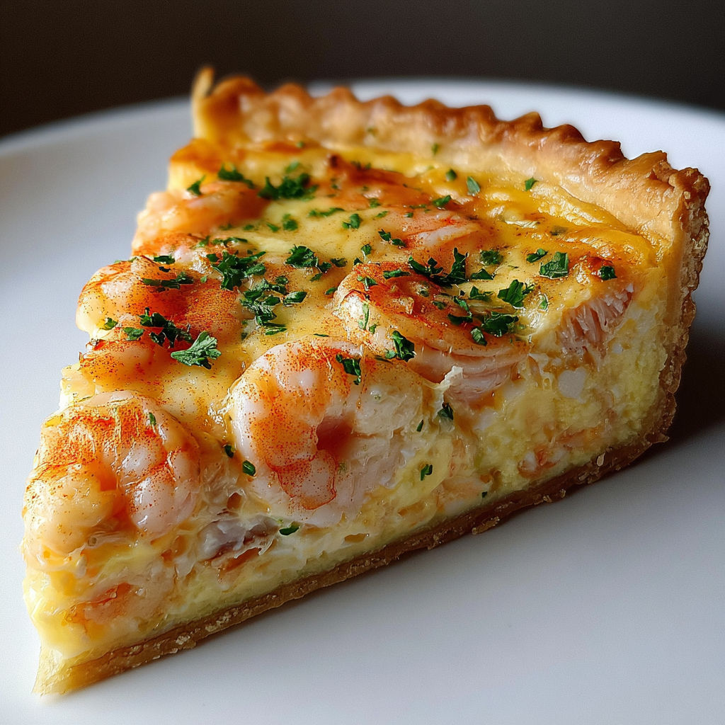 Une belle tarte aux crevettes façon Floride sur un plateau.
