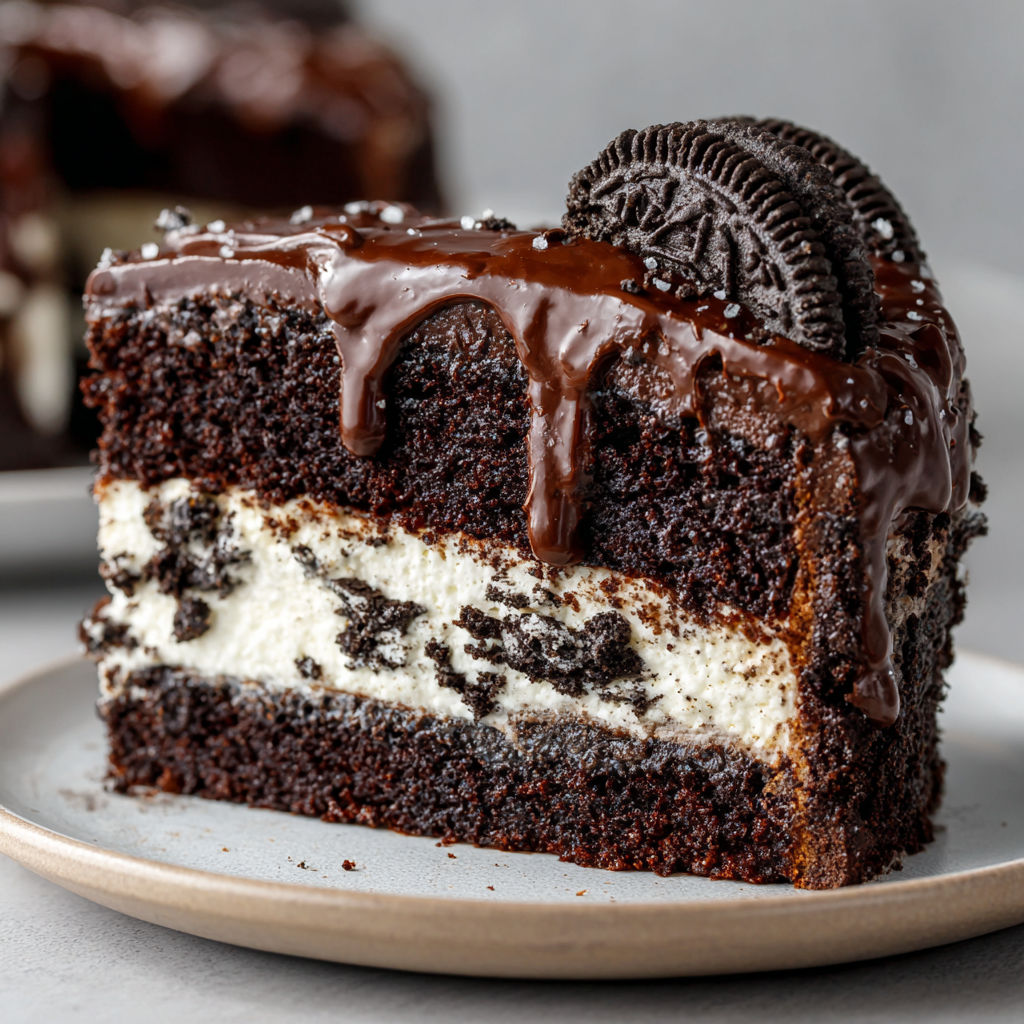 Un délicieux gâteau Oreo XXL posé sur un plat, complété avec une cuillère de crème et des éclats de cacao.