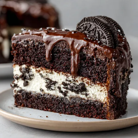 Un délicieux gâteau Oreo XXL posé sur un plat, complété avec une cuillère de crème et des éclats de cacao.
