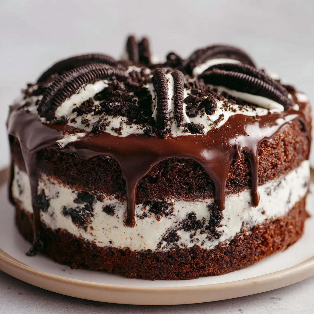 Layer cake XXL ultra chocolaté façon Oreo, cœur mascarpone tout doux.