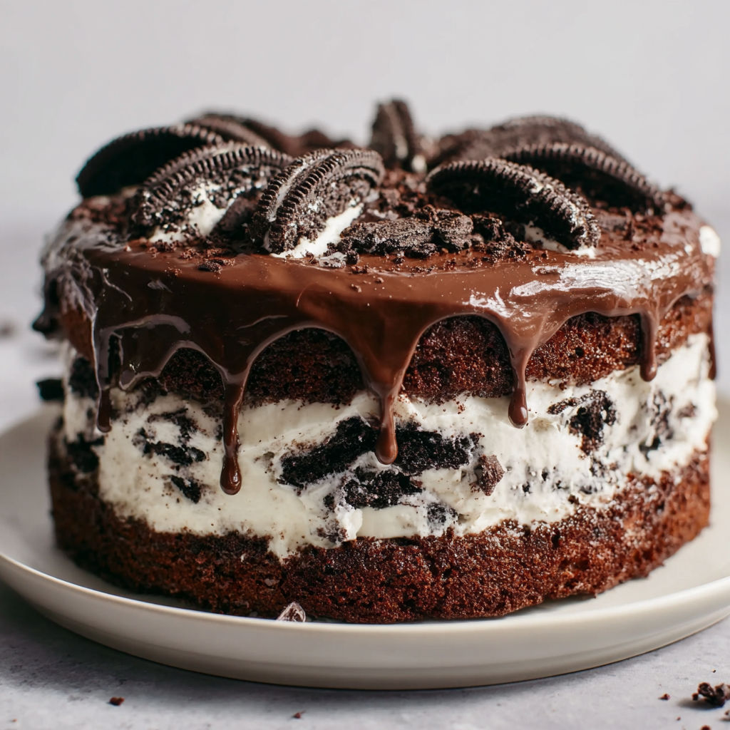Gros layer cake façon Oreo, finition chocolat brillant.