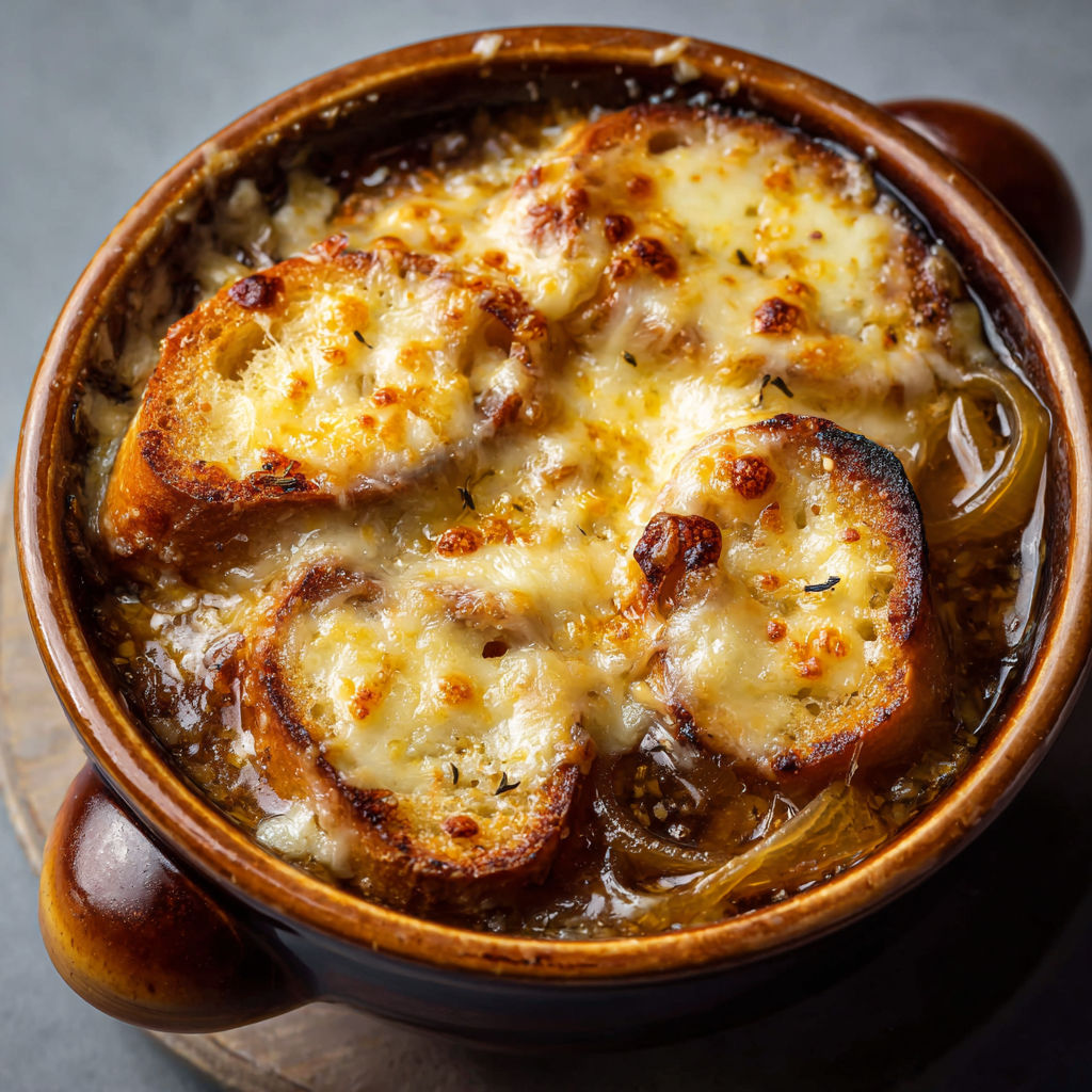 Un bol fumant de soupe à l’oignon gratinée au beaufort avec une texture dorée et croustillante.