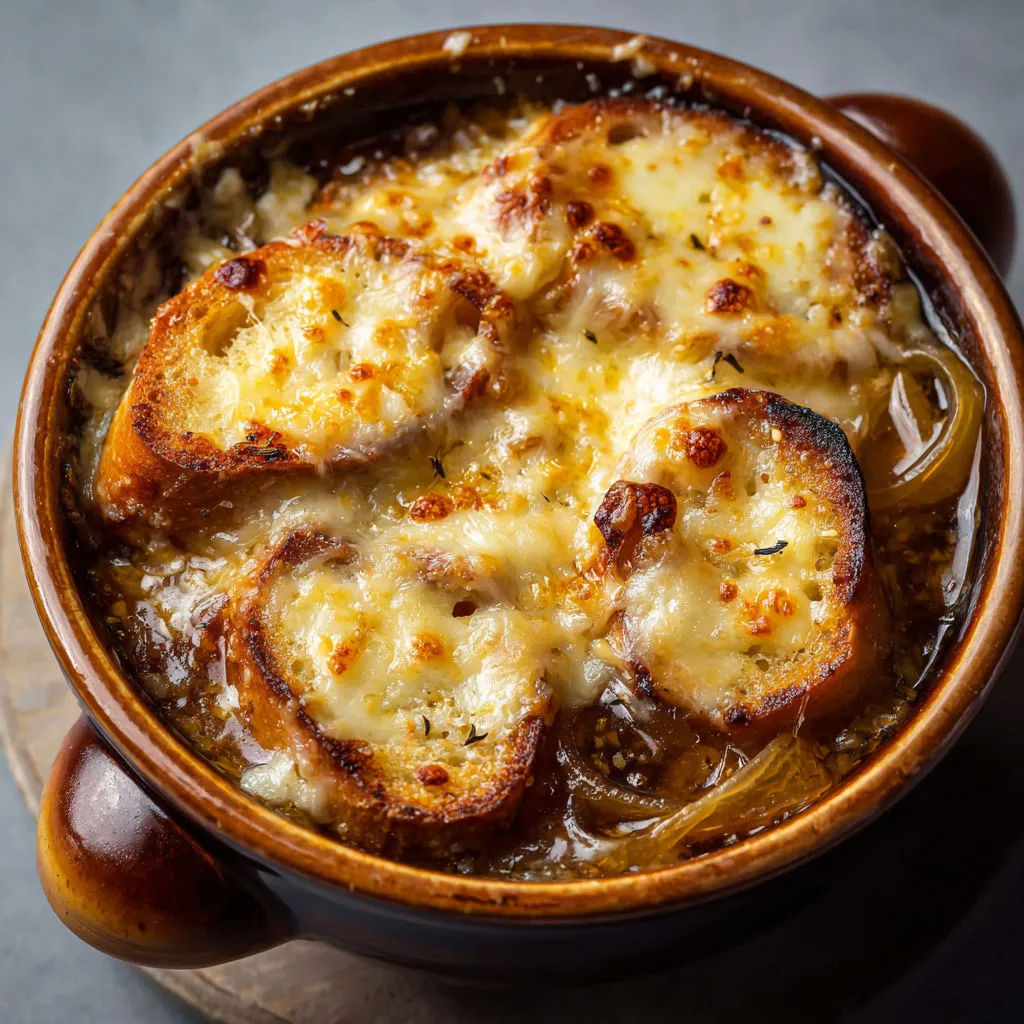 Un bol fumant de soupe à l’oignon gratinée au beaufort avec une texture dorée et croustillante.