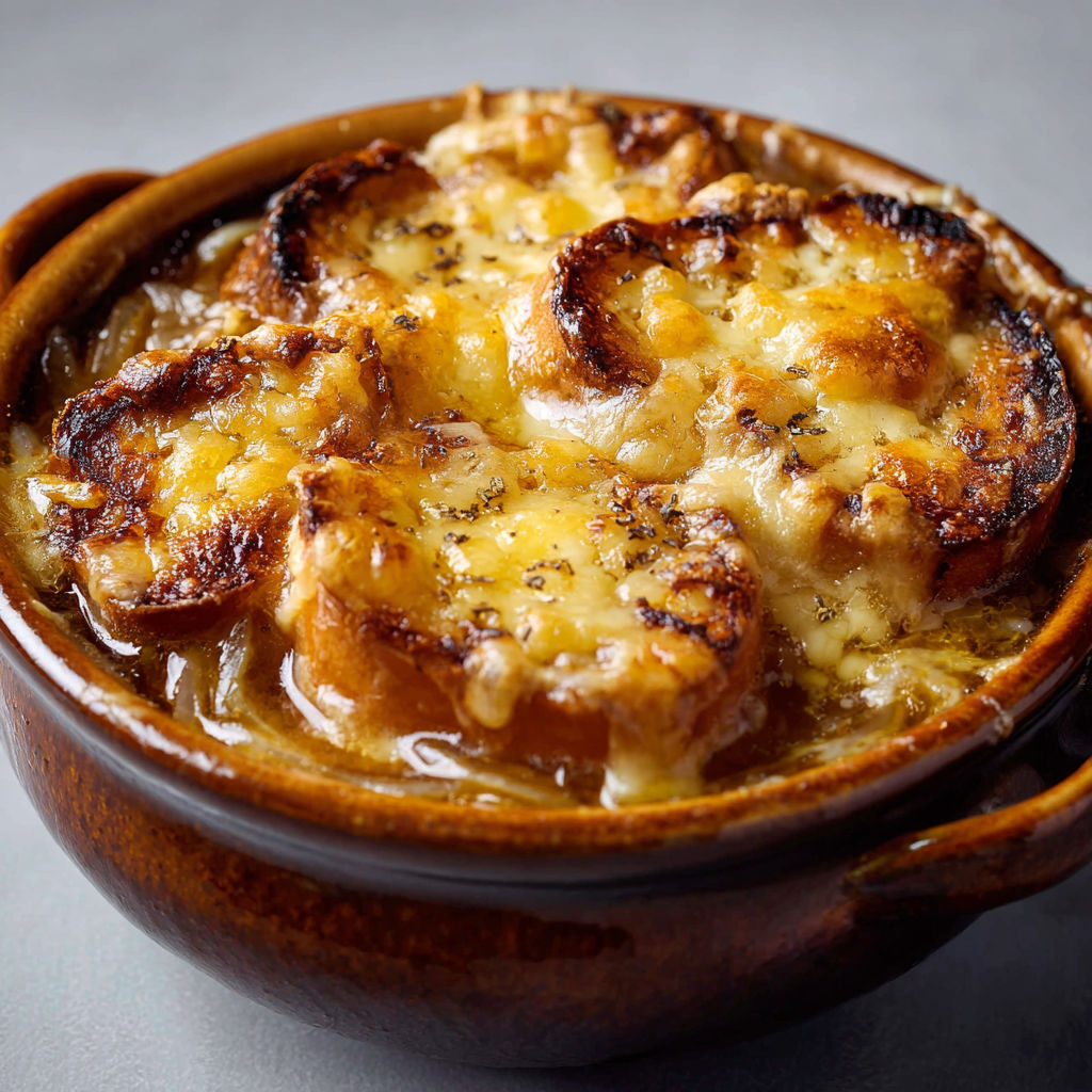 Bol fumant à l’oignon avec croûte dorée et fromage fondant.