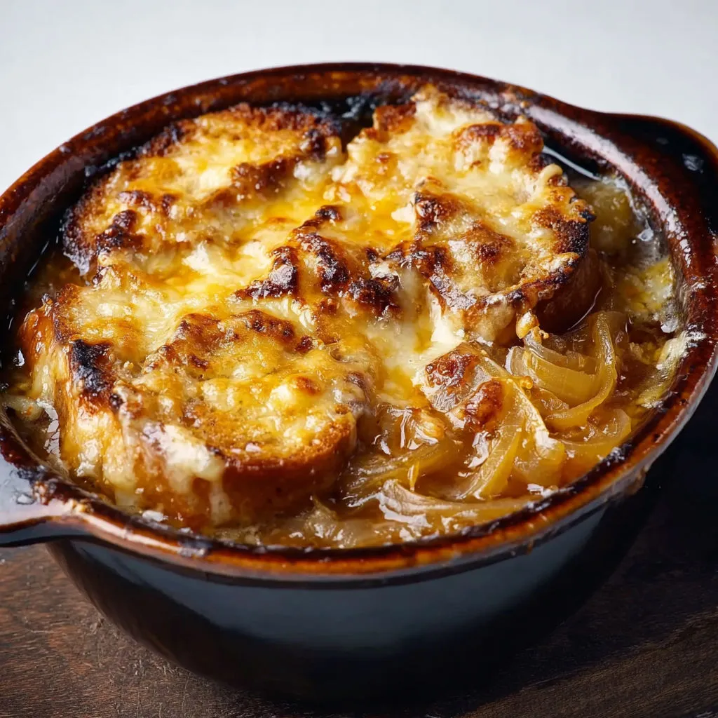 Soupe d’oignons dorés avec croûtons gratinés et beaufort coulant.