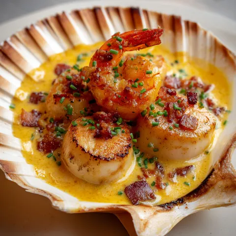 Un plat gourmand de Saint-Jacques avec lard croustillant et crème au safran, décoré de fines herbes.