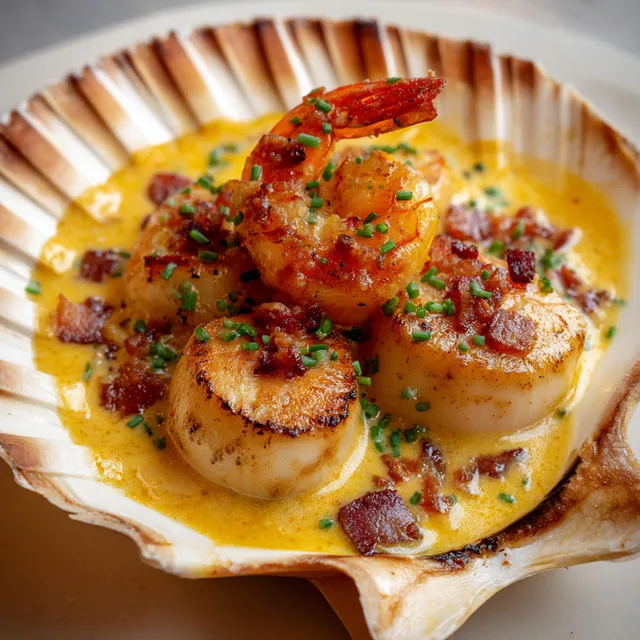 Un plat gourmand de Saint-Jacques avec lard croustillant et crème au safran, décoré de fines herbes.