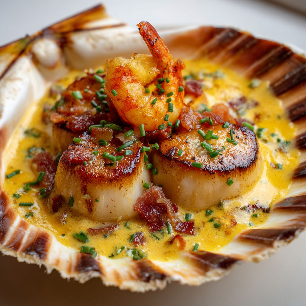 Saint-Jacques nappées de crème safran et lard croustillant.