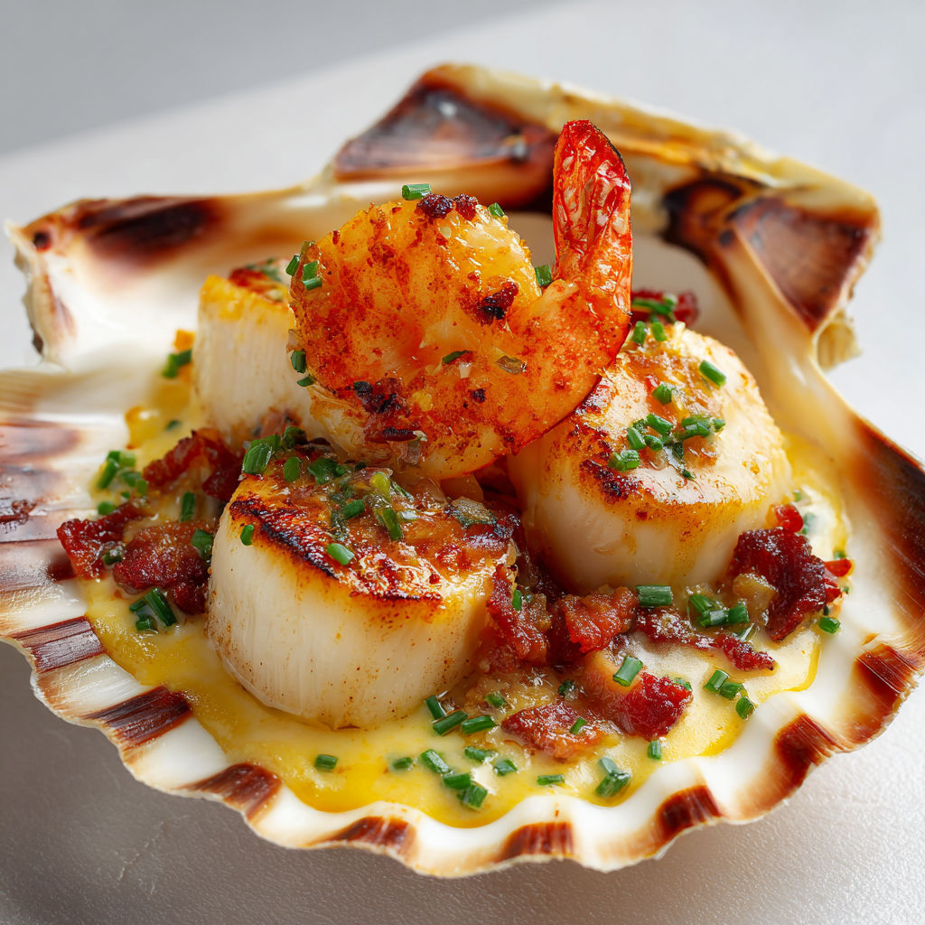 Saint-Jacques dorées, lard bien croustillant et sauce toute douce au safran.