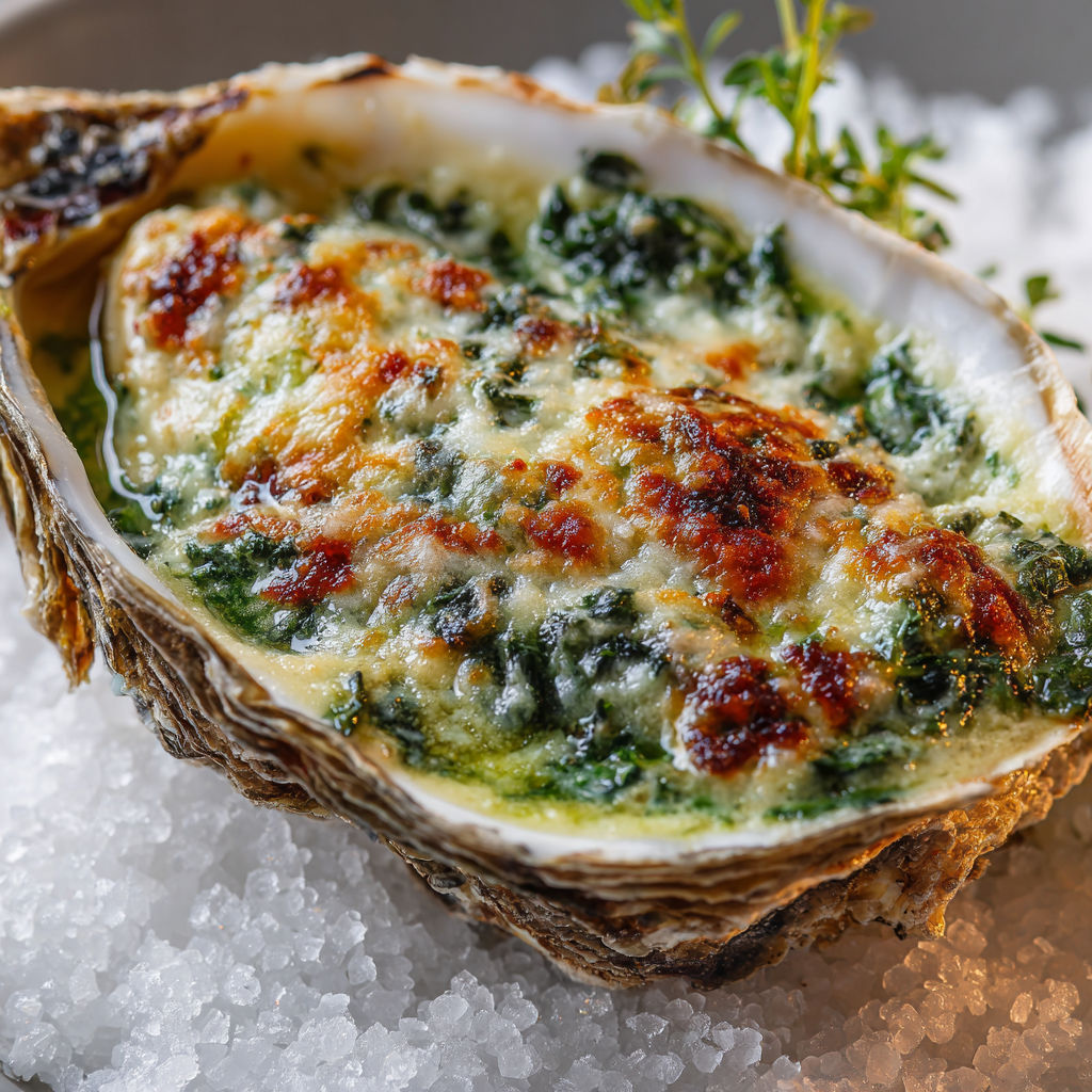 Huître Rockefeller dorée au four, posée sur du gros sel, avec garniture croustillante.