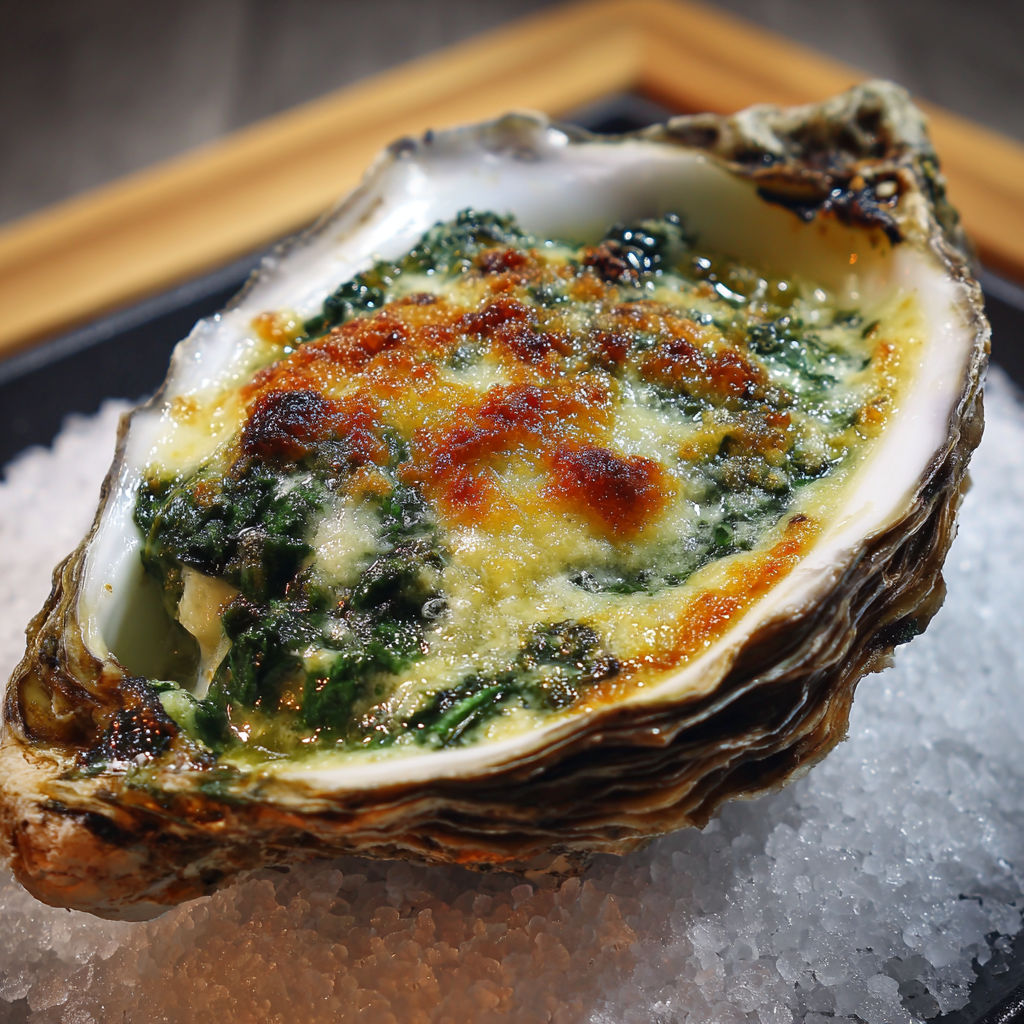 Une huître Rockefeller toute chaude et croustillante, nappée de sauce verte, posée sur un plateau