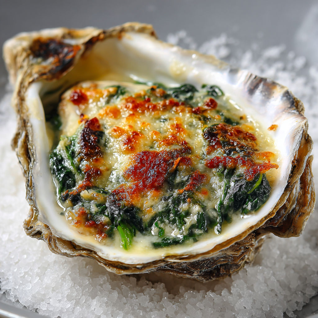 Des huîtres Rockefeller bien gratinées, nappées d’herbes, servies sur un lit de sable fin