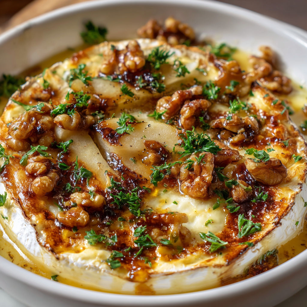Un brie fondant avec poires, noix et miel doré.