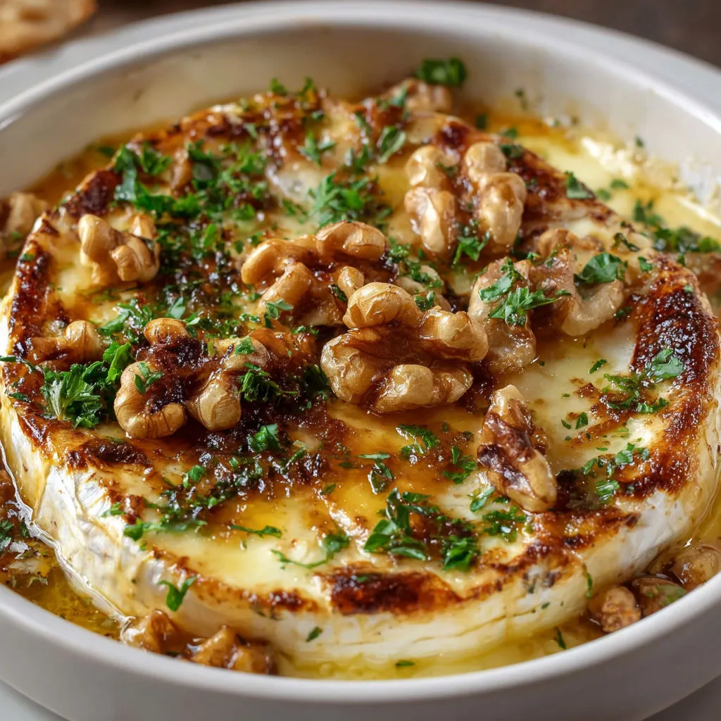 Un brie bien doré avec des poires, noix et un peu de miel servi bien chaud.