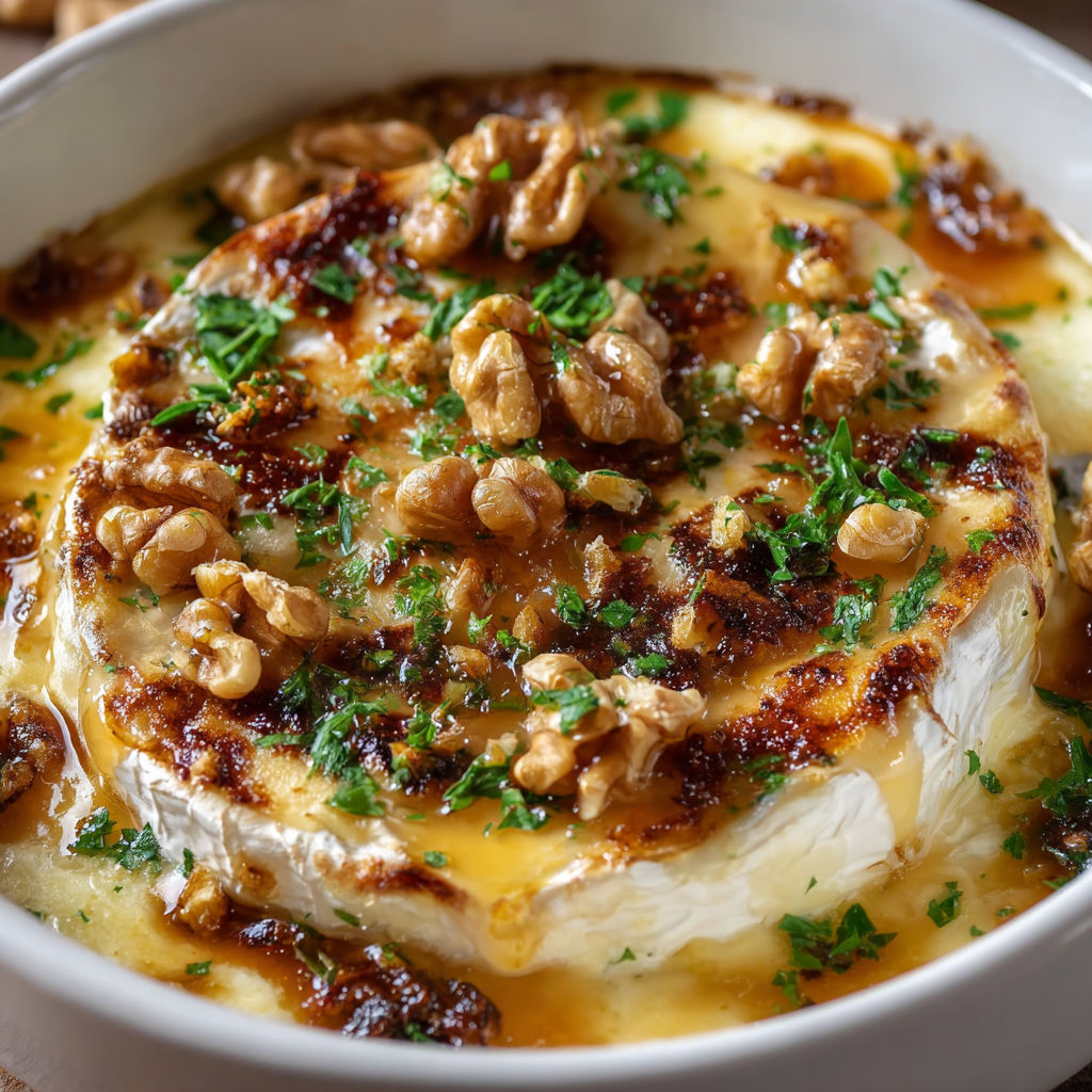 Une part de brie chaud avec des poires, noix et miel servie dans un bol blanc sur plateau.
