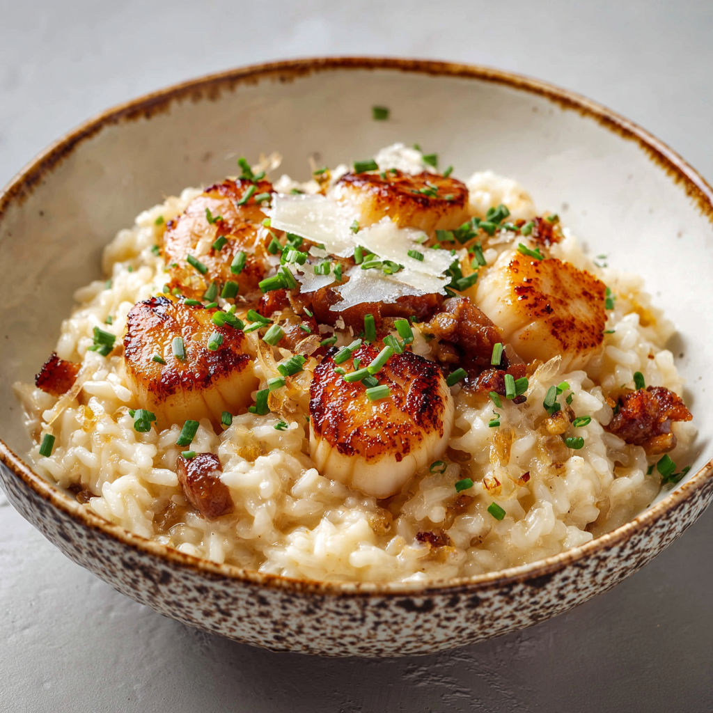Plat de risotto avec Saint-Jacques et herbes sur le dessus.