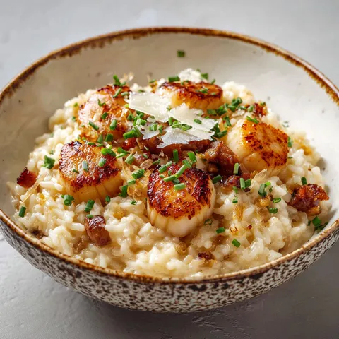 Plat de risotto avec Saint-Jacques et herbes sur le dessus.