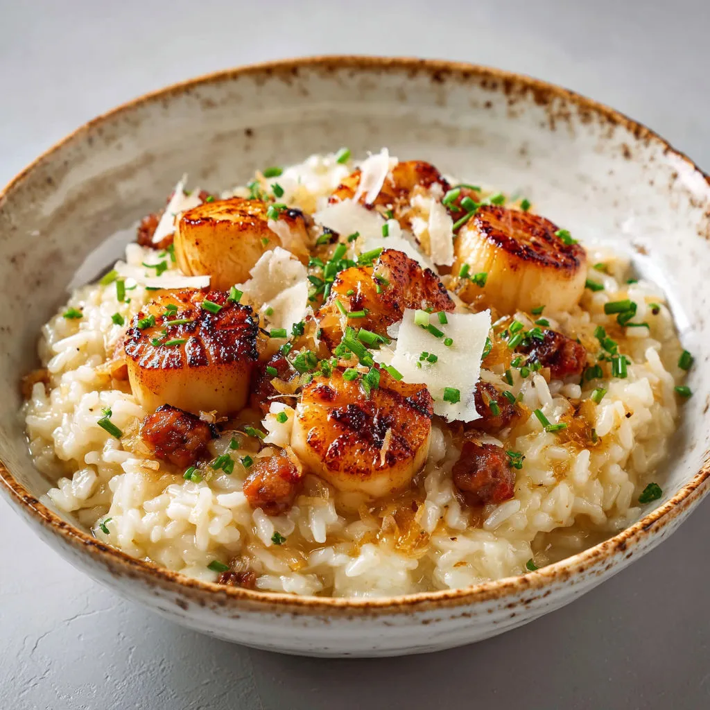 Un risotto tout crémeux aux Saint-Jacques et saucisses bien parfumées.