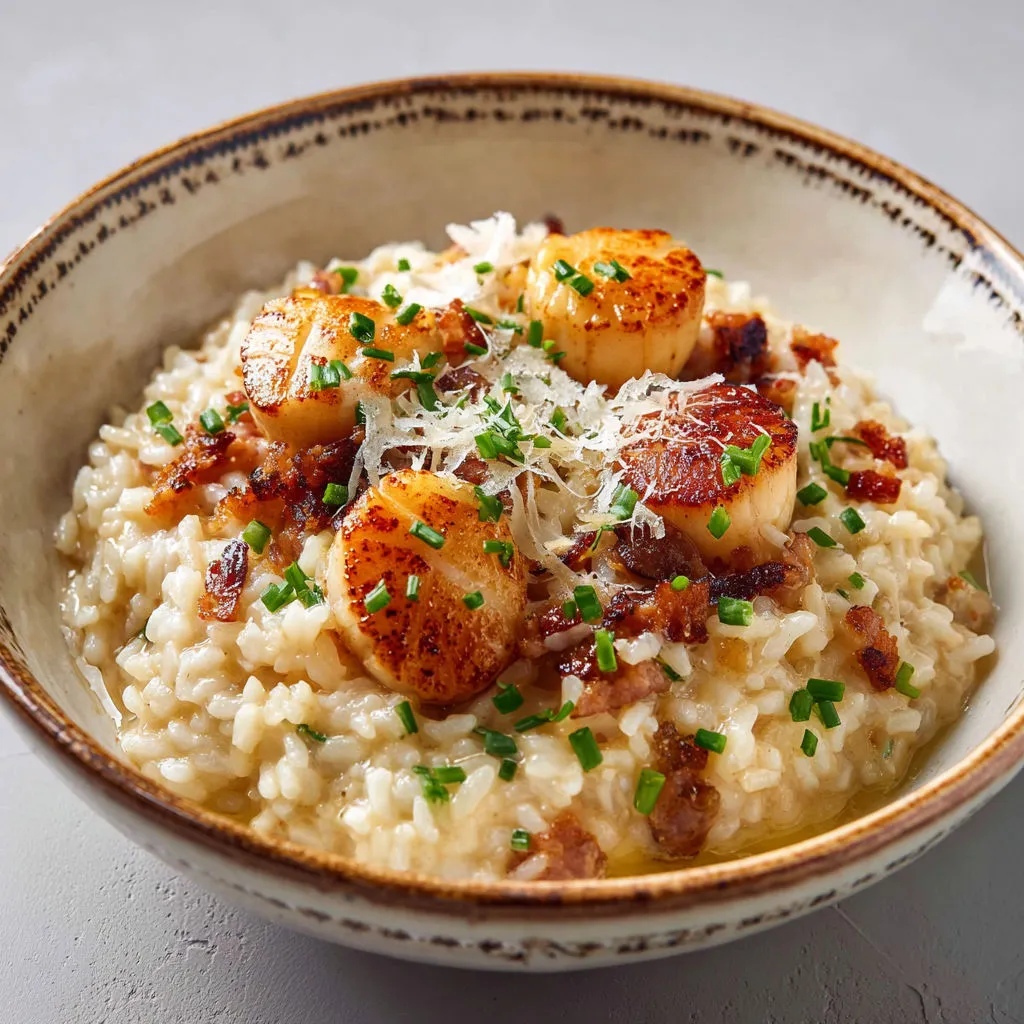 Saint-Jacques juste poêlées sur riz crémeux au parmesan.