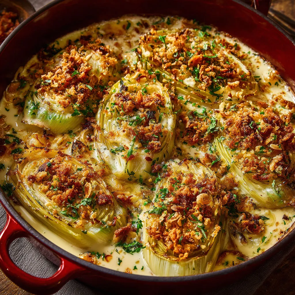 Des poireaux fondants recouverts de fromage fondu.