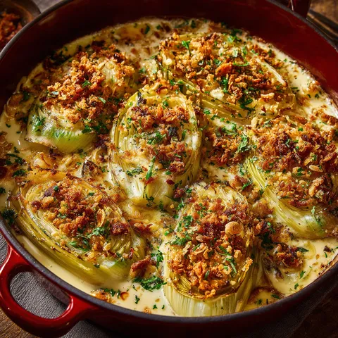 Des poireaux fondants recouverts de fromage fondu.