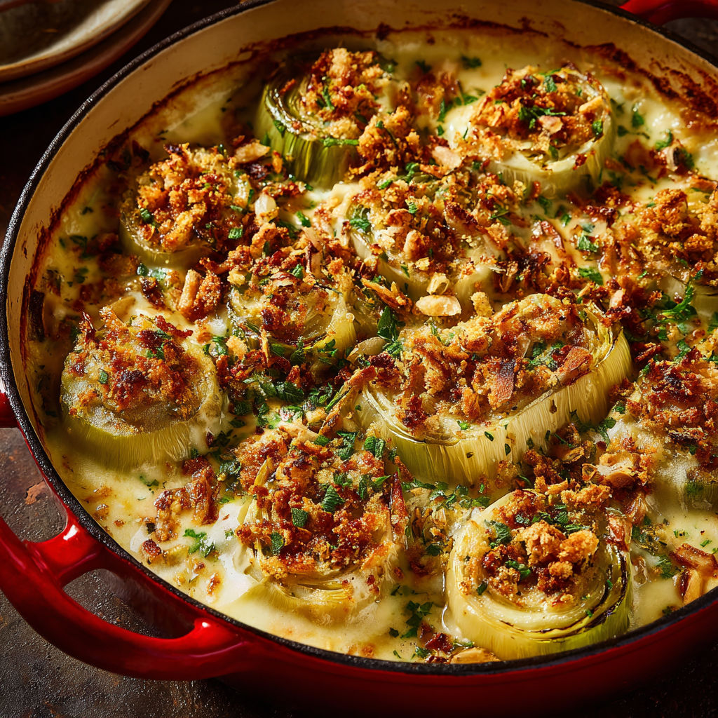 Plat de poireaux fondants au gruyère et amandes croquantes tout juste sortis du four.